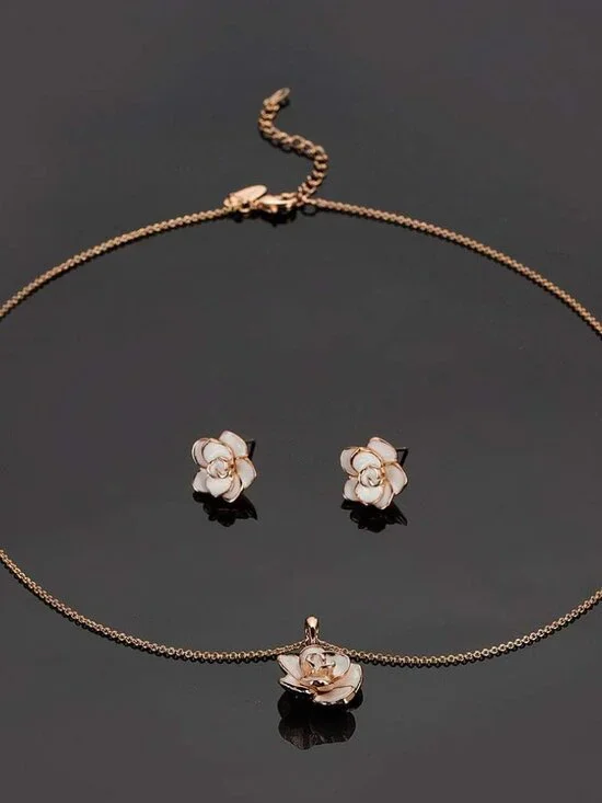 Rose Flower Necklace Earrings Set for Women 18K Gold Plated Hypoallergenic Jewel - Picture 8 of 8